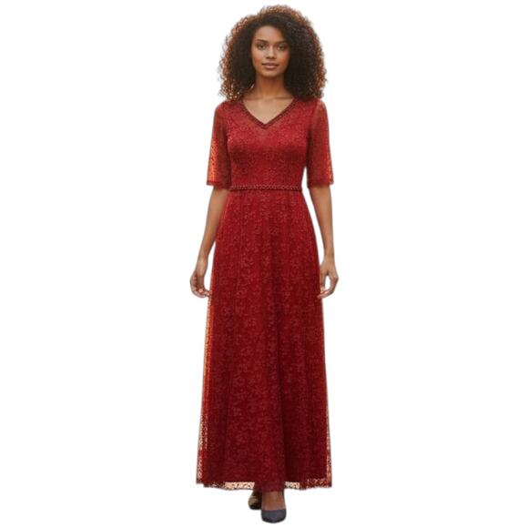 Womens Mother of the Bride Red Lace Evening Dress Medium Beaded Formal Gown - Picture 2 of 12